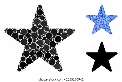 Star mosaic of spheric dots in different sizes and color tones, based on star icon. Vector round dots are united into blue illustration. Dotted star icon in usual and blue versions.