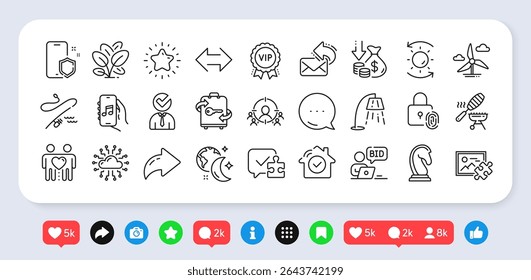 Star, Music app and Fishing rod line icons pack. Social media: share, comment, like icons. Fish grill, Spinach, Vacancy web icon. Puzzle, Fingerprint lock, Sync pictogram. Vector