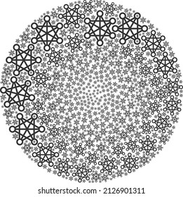 Los elementos de red de estrellas se agrupan en grupos de bolas. Collage de la ronda de iconos de la red de estrellas. El collage del clúster de esferas de abstracción está diseñado con elementos de red estrella.