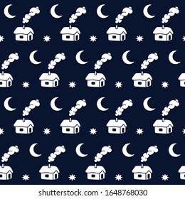 Star night seamless pattern with houses and moon. Flat vector background in black and white.