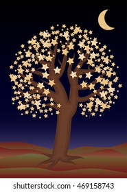 Star night tree, vector illustration
