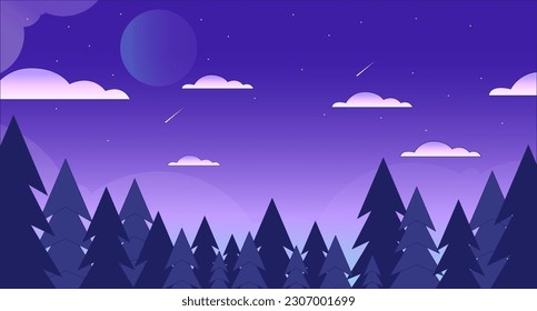 Estrella noche con tapiz de madera lo fi chill. Estrellas de tiro por el cielo sobre el horizonte del bosque dibujos animados vectores 2D ilustración del paisaje, fondo de vaporwave. Álbum retro de arte de los años 80, estética sintetizada