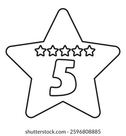 Star with number 5. Hand drawn badge. Outline illustration on white background.
