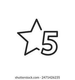 Star and number 5, linear style icon. Five-star rating. Editable stroke width