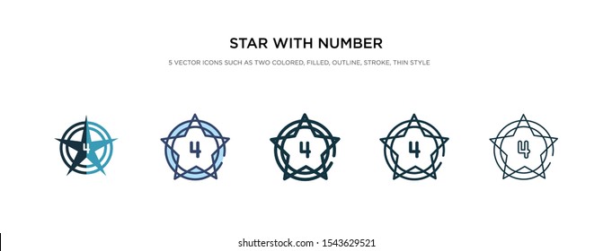 star with number four icon in different style vector illustration. two colored and black star with number four vector icons designed in filled, outline, line and stroke style can be used for web,