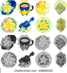 Star object icons such such as box and tea and guitar and ornament