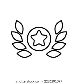 Star with olive leaves line icon. Achievement, achieve, top, feedback, rating, rate, review, reaction, award, badge, trophy. Business concept. Vector black line icon on a white background