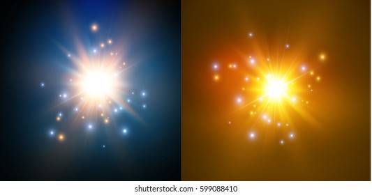 star on a blue and yellow background.bright flash.Realistic burst with flare. spark.Vector illustration.EPS 10.