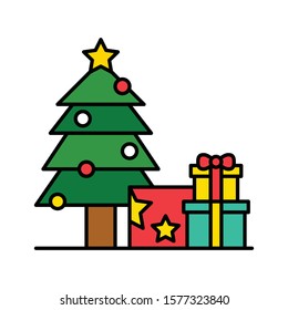 star on Christmas tree and gift boxes vector in filled design