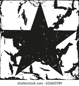 Star on cracked background, black and white grunge vector illustration