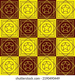 Estrella en ciclo y cuadrado sobre fondo marrón y amarillo. patrón sin costura vectorial, ilustración vectorial de diseño plano