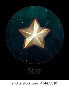 Star on a dark blue polygonal background. Starry Sky. Round black frame .