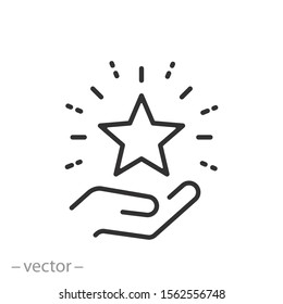 star on the hand icon, outline high reward, status good quality, star shine, thin line web symbol on white background - editable stroke vector illustration eps 10