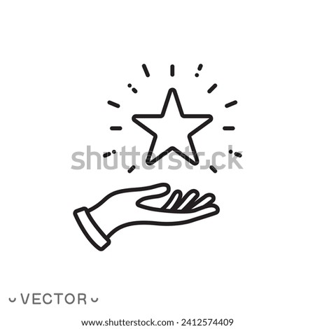 star on the hand icon, outline high reward, status good quality, star shine, thin line symbol isolated on white background, editable stroke eps 10 vector illustration