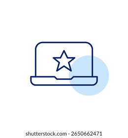 Estrela no laptop. Tecnologia confiável, hardware de alta qualidade. Computador favorito. Pixel perfeito, ícone de vetor de traçado editável