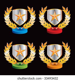 star on shield with leaves on colored discs