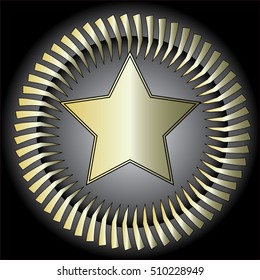 A star on a spiral background with spokes in a circular repeating pattern.