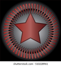 A star on a spiral background with spokes in a circular repeating pattern.