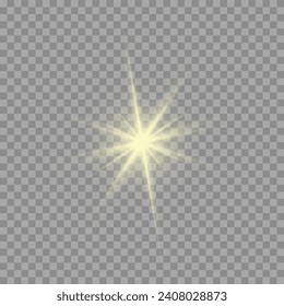 Estrella sobre un fondo transparente. Efecto de flash de luz solar. Un destello brillante de agradable color amarillo. Efecto de explosión.