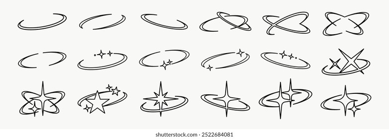 Vetor do conjunto de órbita da estrela. Ícone de contorno de brilho estrela Y2k. Ícones de estrelas da galáxia do cosmos espacial. Ícone de contorno de brilho de estrela.