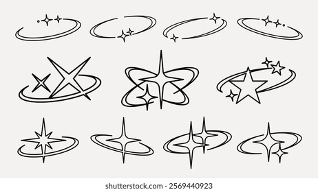 Star orbit set vector. Y2k star sparkle outline icon. Space cosmos galaxy star icons. Sparkle outline icon. Y2K star symbol. Sparkle outline in Y2K style icons