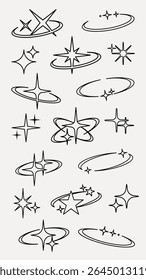 Star orbit set vector. Y2k star sparkle outline icon. Space cosmos galaxy icons. Star sparkle outline icon. Y2K star symbol. Sparkle outline in Y2K style icons. Sparkle Y2K