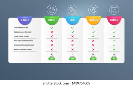Star, Paper clip and Refresh like icons simple set. Comparison table. Blog sign. Customer feedback, Attach paperclip, Thumbs up counter. Chat message. Business set. Pricing plan. Vector