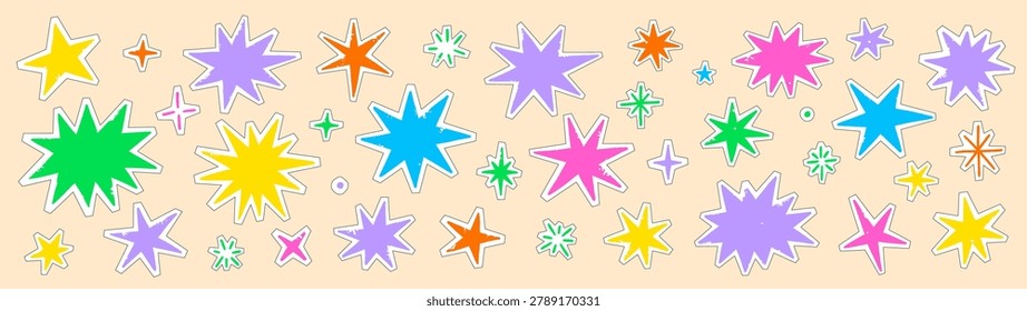 Star paper sticker element set. Hand drawn star cut collage doodle with grunge texture torn edge. Scrapbook journal note label yellow, green, pink burst aesthetic background. Vector illustration