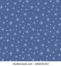 Star Pattern Background Design. Vector Cute Tossed Seamless Repeat In Navy Blue And White.