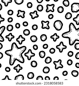 Star pattern. Black, white night texture, space fabric, simple festive engraved sky, wrapping paper. Vector seamless background 