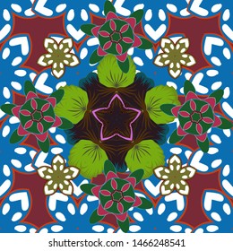 Star pattern in blue, brown and green colors with vintage ornament. Vector seamless background. Luxury seamless pattern with motley stars. Multicolored decorations.