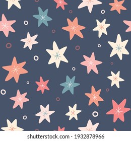 Star pattern design. Cute vector seamless repeat of winter stars and dots in a multi directional illustration. 