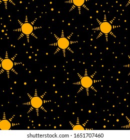 Star pattern with gold stars on black background. Seamless design with hand drawn doodle elements. Great for fabric, scrapbooking and textile. Vector.