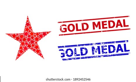 Star pattern and grunge Gold Medal seals. Red and blue seals with unclean surface and Gold Medal text. Abstract star composition is organized with random flat star parts.