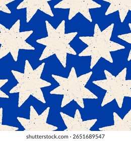 Padrão de estrela em estilo moderno. Design de textura estrelada sem costura com brilho grunge, piscadelas. Fundo cósmico, impressão repetitiva infinita para embrulhar, têxtil, tecido. Ilustração de vetor plano
