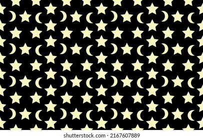 Star pattern, moon, black background, seamless, can be connected in all directions. vector pattern