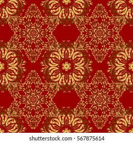 Star pattern on a red backdrop, golden vintage ornament. Luxury golden seamless pattern with stars. Vector seamless background. Gold decorations.