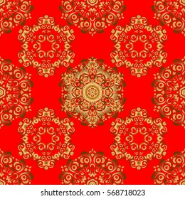 Star pattern on a red backdrop, golden vintage ornament. Luxury golden seamless pattern with stars. Vector seamless background. Gold decorations.