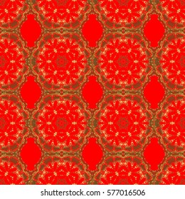 Star pattern on a red backdrop, golden vintage ornament. Gold decorations. Luxury golden seamless pattern with stars. Vector seamless background.