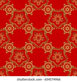 Star pattern on a red backdrop, golden vintage ornament. Gold decorations. Luxury golden seamless pattern with stars. Vector seamless background.