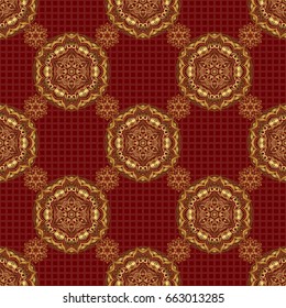Star pattern on a red backdrop, golden vintage ornament. Vector seamless background. Gold decorations. Luxury golden seamless pattern with stars.