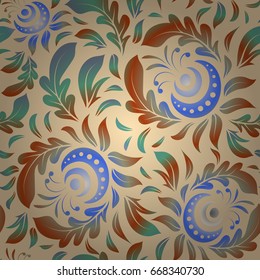 Star pattern in orange and blue colors with vintage ornament. Luxury seamless pattern with motley stars. Vector seamless background. Multicolored decorations.