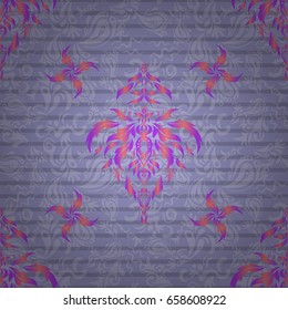 Star pattern in pink and violet colors with vintage ornament. Multicolored decorations. Luxury seamless pattern with motley stars. Vector seamless background.