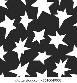 Star pattern, seamless background. Repeating print design, endless starry night sky. Black and white cosmos texture, decoration. Flat vector illustration for fabric, textile, wrapping and wallpaper