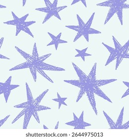 Star pattern, seamless design. Starry background, repeating print with doodle-style chalk drawing. Endless texture for modern trendy textile, wallpaper, wrapping paper. Hand-drawn vector illustration