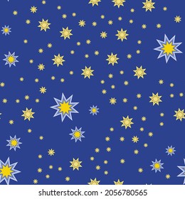 Star pattern. Seamless repeating elements  on blue background space with different cosmic flashes in sky, for baby, kid, child. For textiles, fabrics, print. Packaging design, wrapping paper. Vector