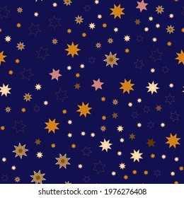 Star pattern.  Seamless repeating space background with different cosmic flashes in the sky, for baby, kid, child. For textiles, fabrics and printing. Packaging design, wrapping paper. Vector 