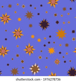 Star pattern. Seamless repeating space background with different cosmic flashes in the sky, for baby, kid, child. For textiles, fabrics and printing. Packaging design, wrapping paper. Vector 