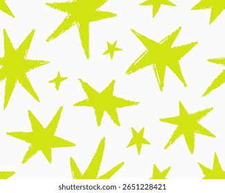 Padrão de estrela. Textura perfeita, impressão repetida com design estrelado abstrato, rabiscos ásperos brilhantes irregulares em estilo grunge moderno. Fundo interminável para têxteis. Ilustração de vetor plano colorido