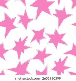 Star pattern. Seamless texture, repeating print with abstract starry design, rough doodle irregular sparkles in modern grunge style. Endless background for textile. Colored flat vector illustration